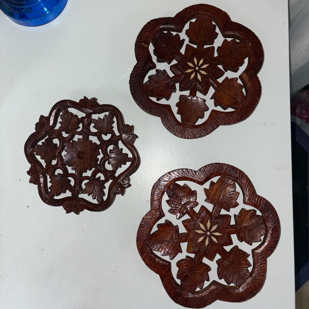 Set of Three Carved Wooden Coasters